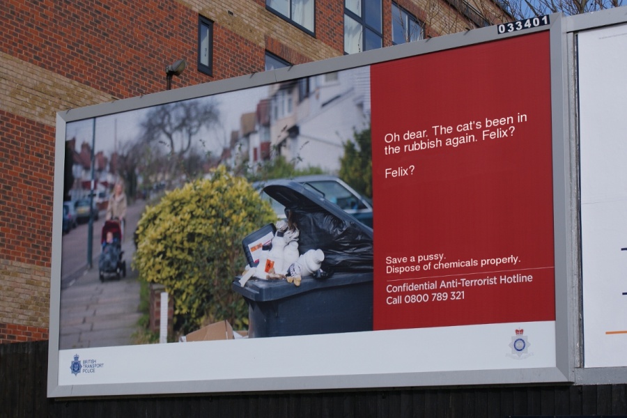 Doctored photo of a billboard in the UK depicting an overflowing trash can