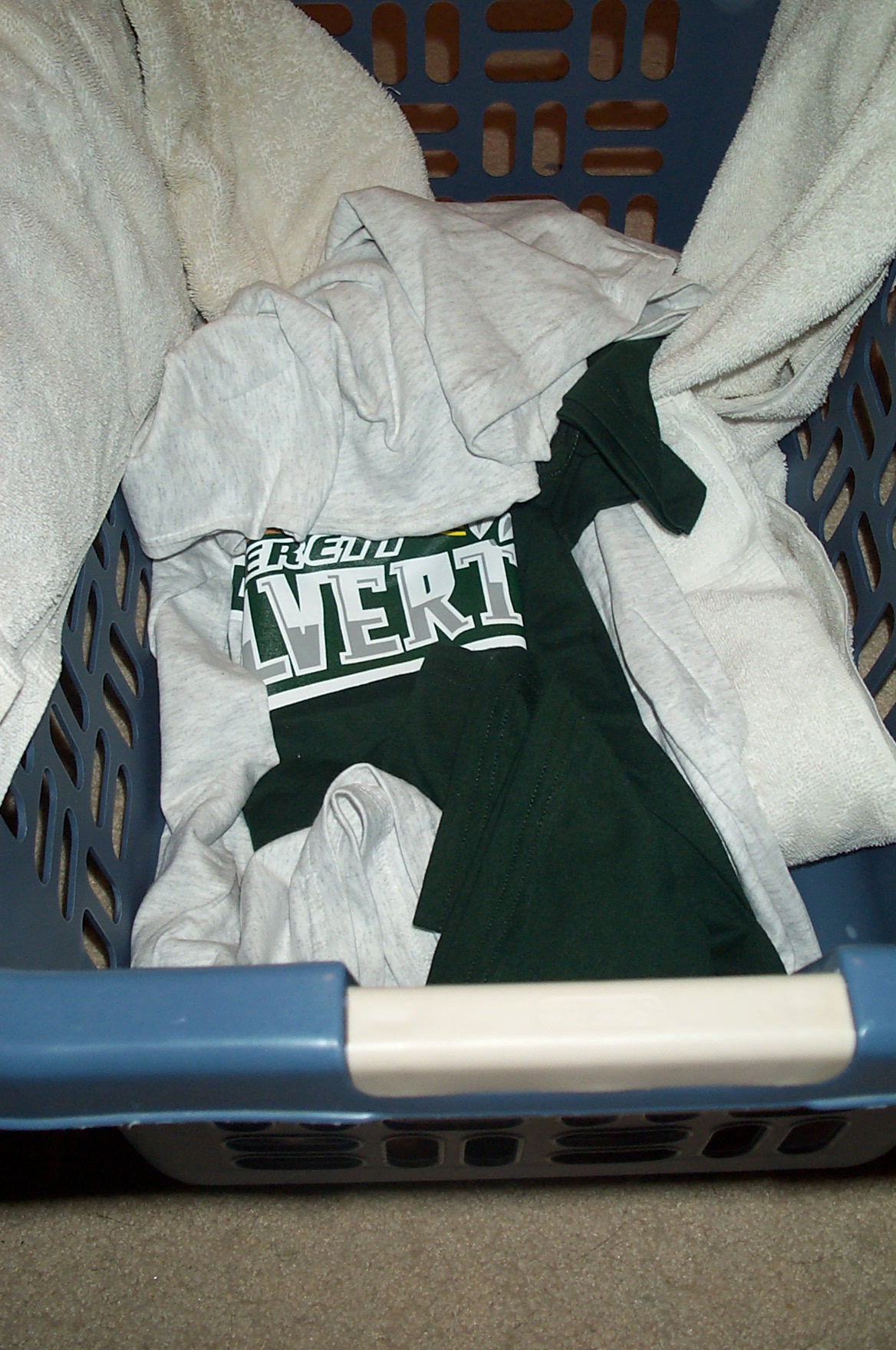 Green shirt in the laundry basket with the letters VERT visible from the Silvertips logo