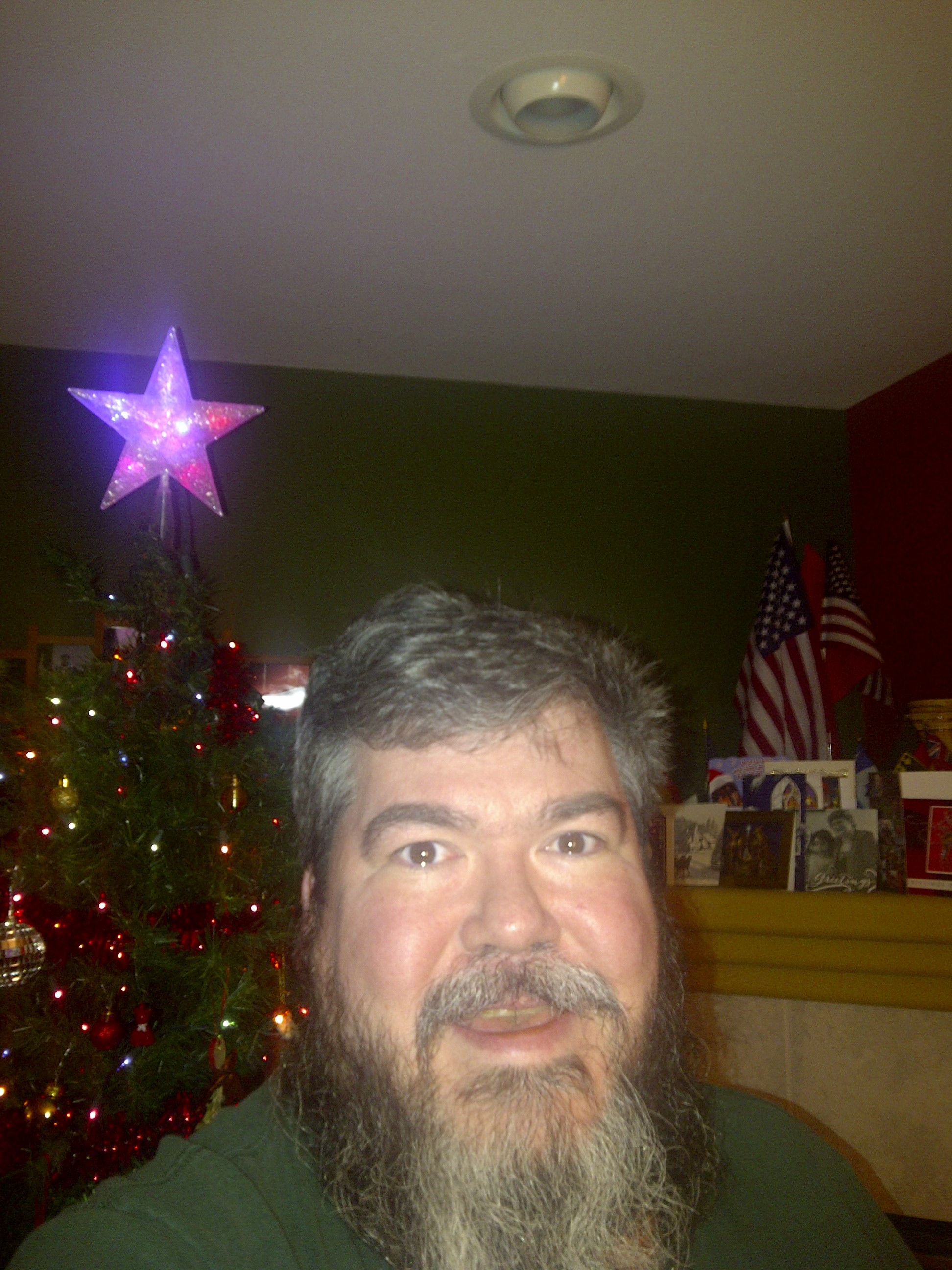 bigmacbear in front of a Christmas tree in the living room.